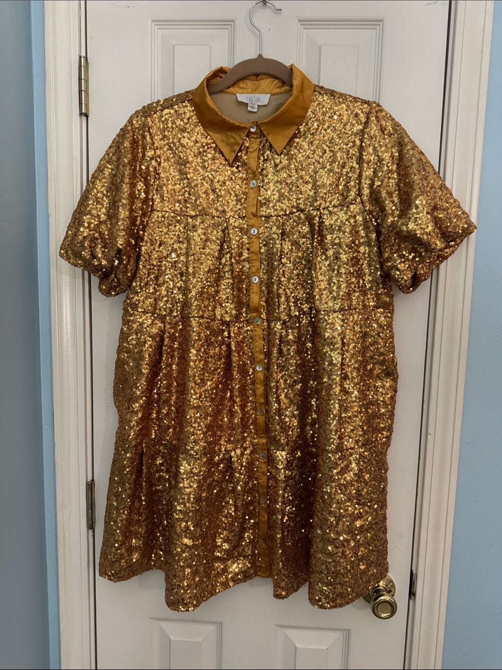 Peach Love Gold Sequin Party Dress for women Short Sleeve Button Front